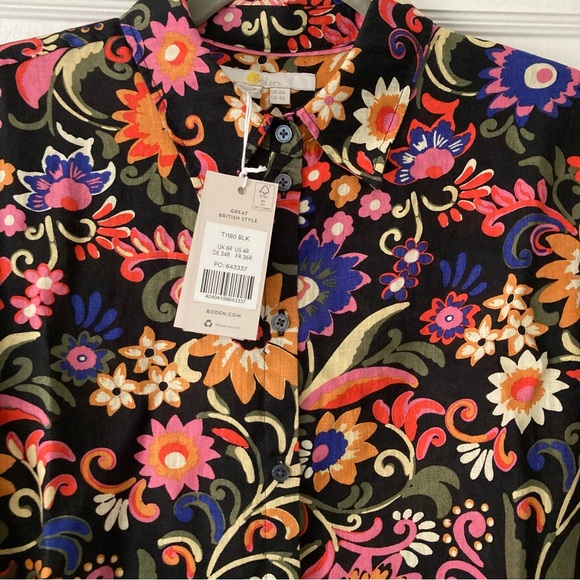 Boden New Linen Shirt in Black Gardenia Pop Floral 4R Relaxed Fit - Picture 4 of 6